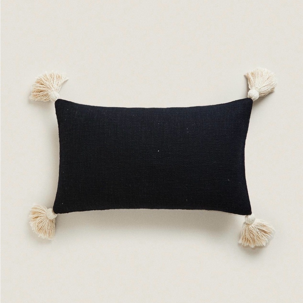 Zara Black Pillow Covers with Cream Tassel Accents